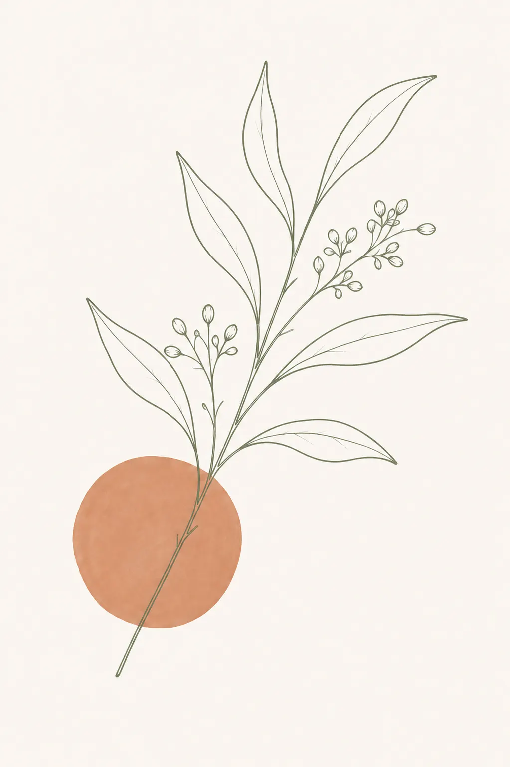 Delicate botanical branch illustration with a terracotta watercolor circle.